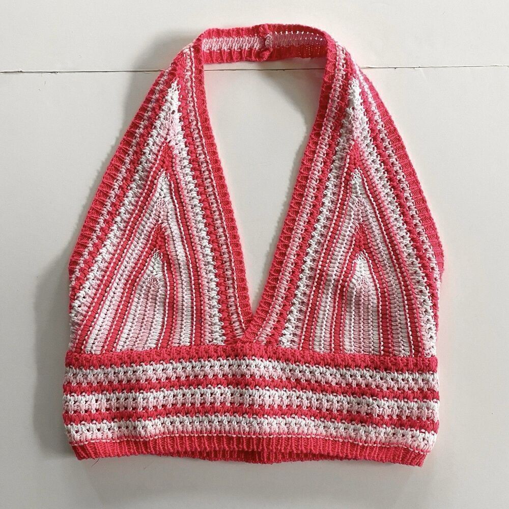 Pink Crochet Halter Crop Top Women’s M/L Made In Italy Barbie Summer Festival